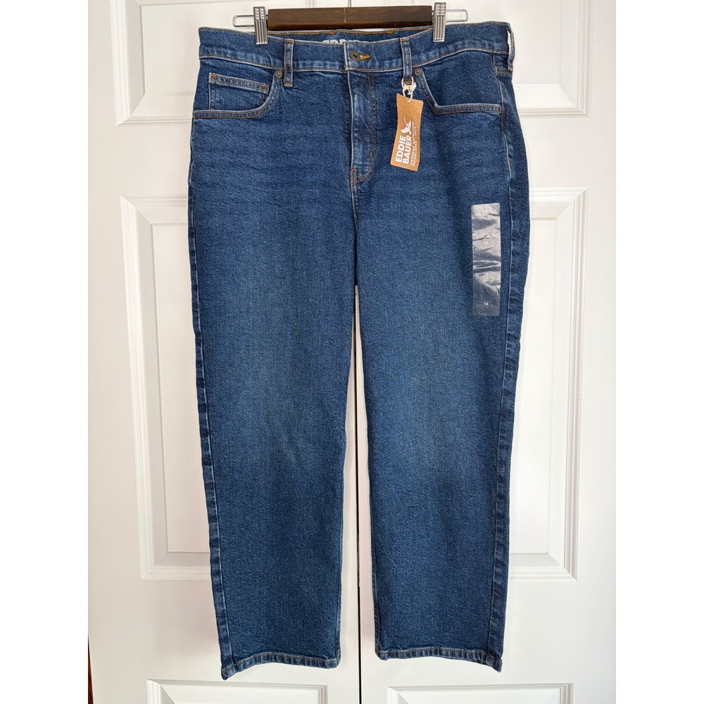 Eddie Bauer Authentic Voyager High Rise Straight Jeans Indigo Blue Petite 14 NWT